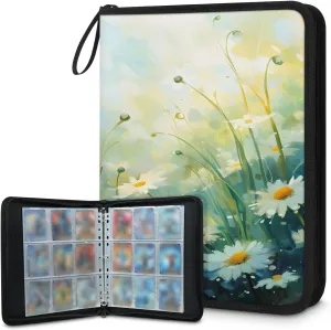 Watercolor Daisies 3 Ring Trading Zipper Binder Strap, Trading Card Binder 4 Pocket, 400 Pockets Card Holder with 50 Removable Sleeves for Game Cards