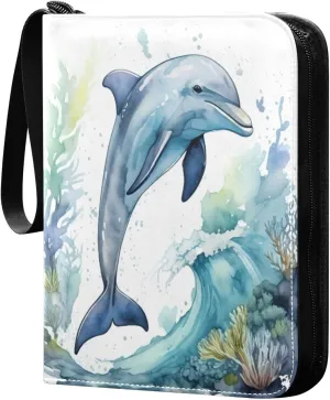 Watercolor Dolphin Card Binder 4 Pockets, 400 Pockets Trading Card Binder Removable Card Albums Card Holder for Games, Sports, Football, Baseball Cards