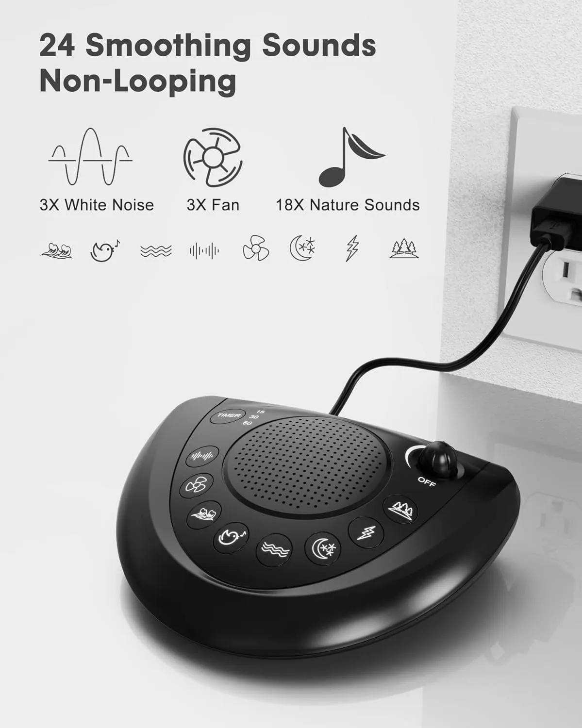 White Noise Machine – Portable Sound Machine Sleep Therapy with 24 Non Looping Natural Soothing Sounds, Memory Function, Auto-Off Timer, 2 USB Charger, Headphone Jack for Adults Baby Kids Travel