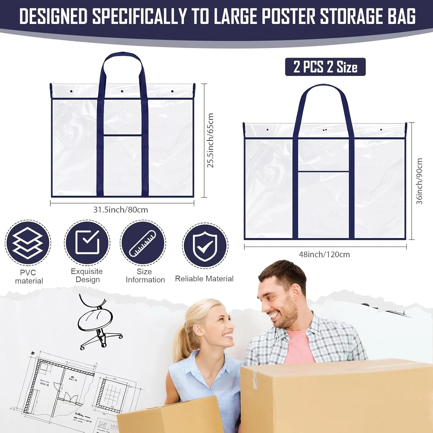 Windyun 2 Pcs Large Poster Storage Bag 48 x 36 Inches 31.5 x 25.5 Inches Bulletin Board Holder Classroom Organization and Storage Poster Container Art Portfolio Case(Blue)