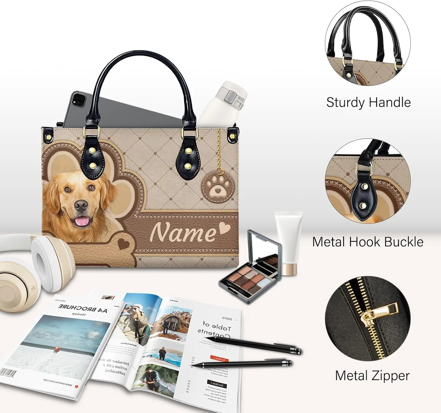 Women Handbag, Fashion Leather Top Handbag, Custom Name Photo Tote Bag, Gift for Mom Teacher Bridesmaid
