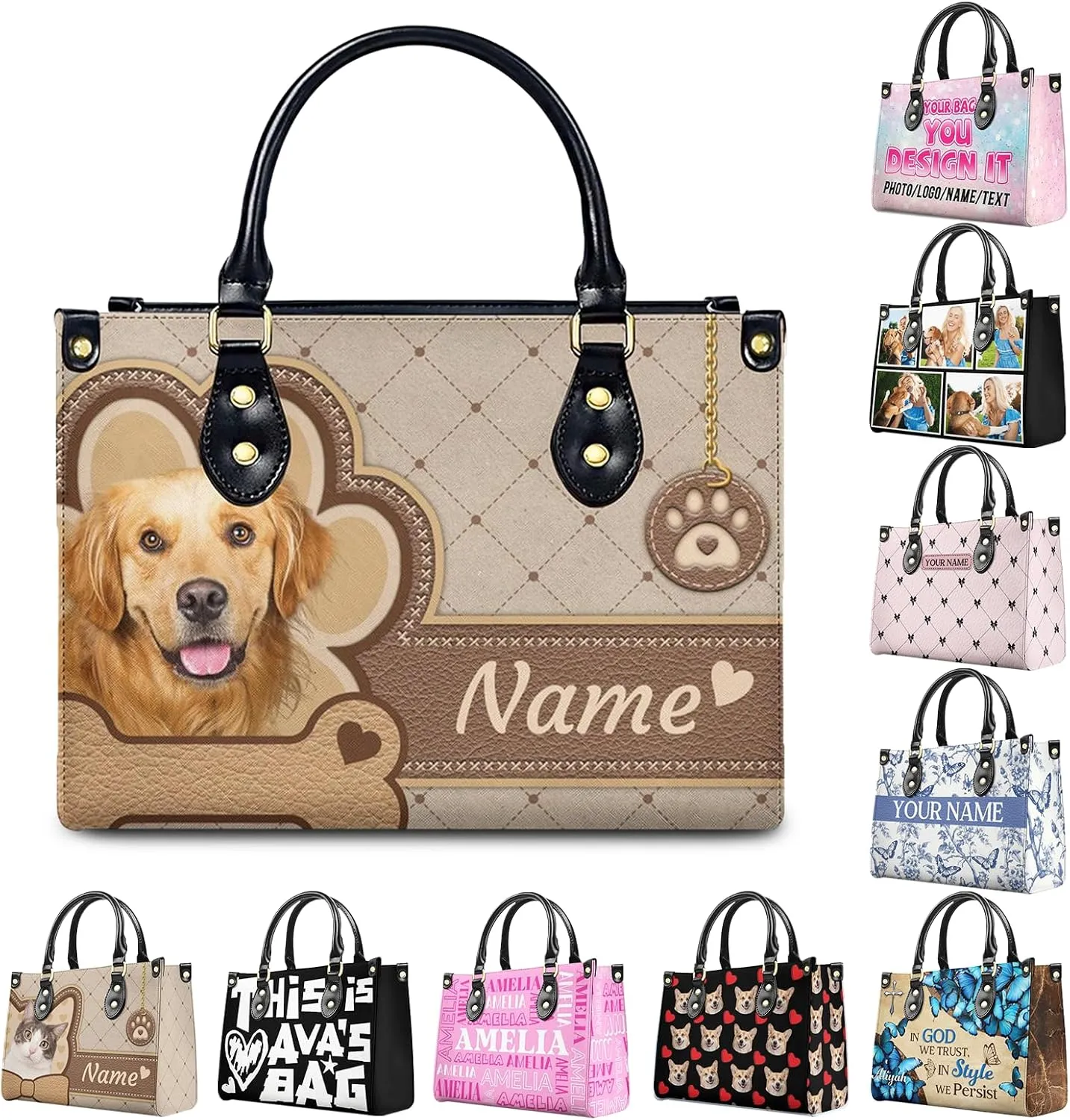 Women Handbag, Fashion Leather Top Handbag, Custom Name Photo Tote Bag, Gift for Mom Teacher Bridesmaid