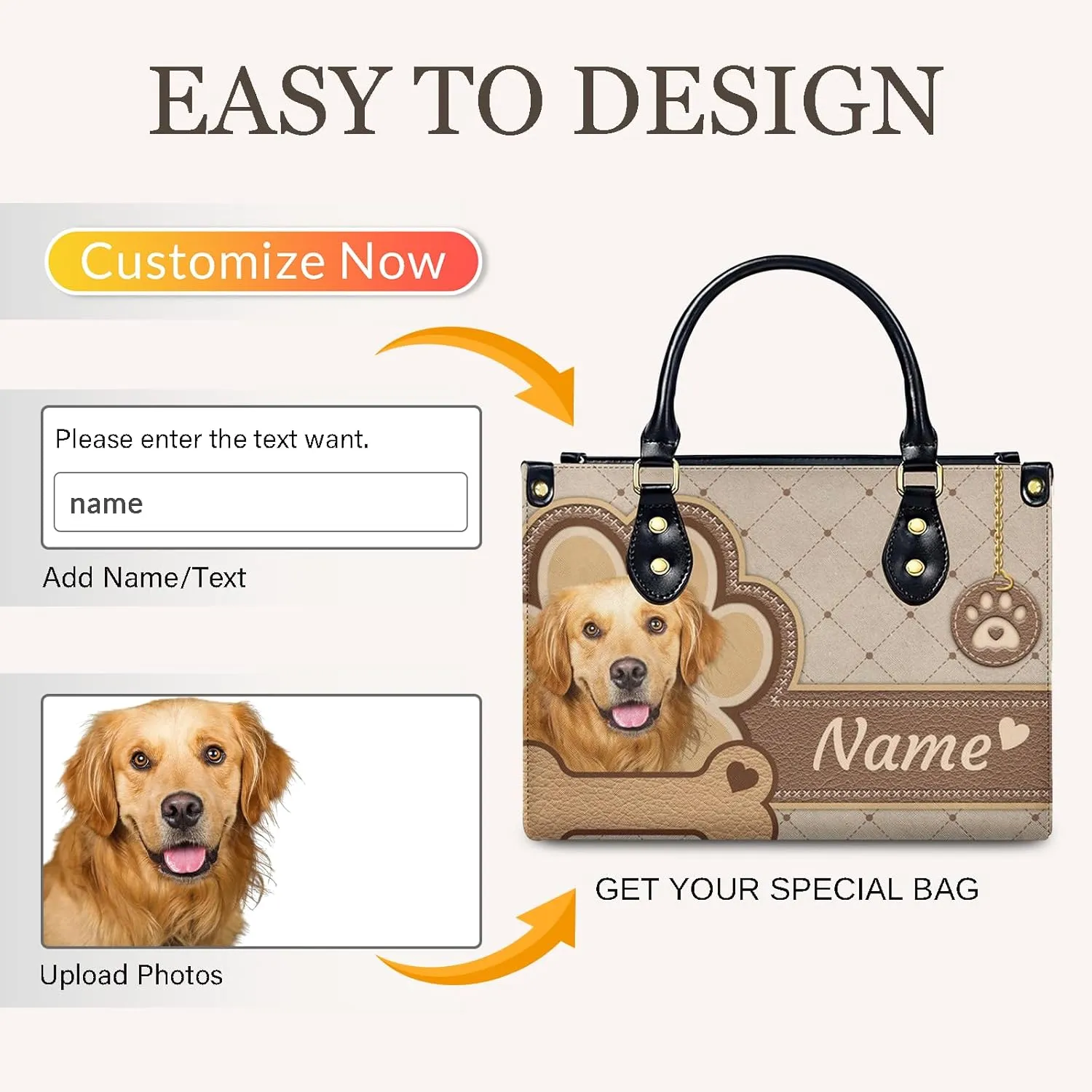 Women Handbag, Fashion Leather Top Handbag, Custom Name Photo Tote Bag, Gift for Mom Teacher Bridesmaid