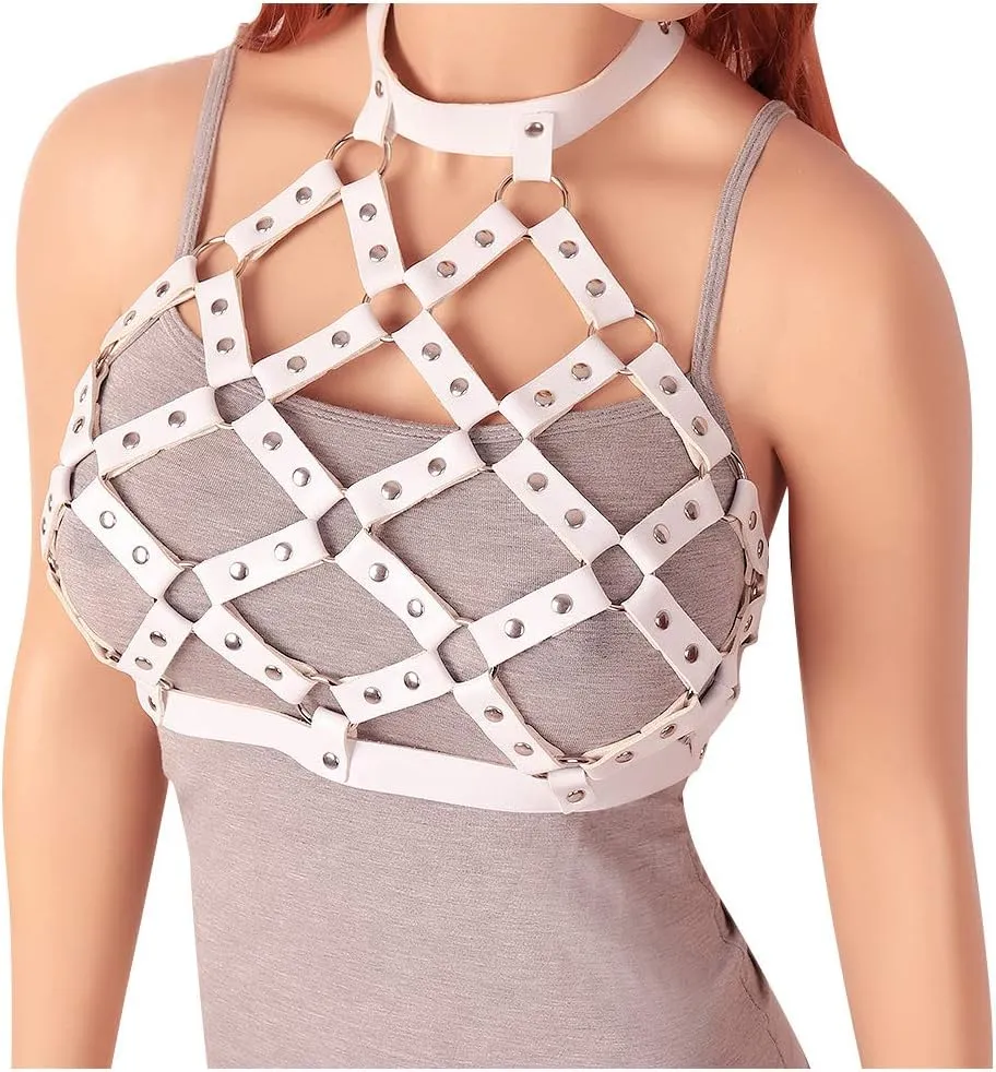 Women Punk Leather Harness Bra Body Cage Crop Tops Bondage Waist Belt Adjust Festival Rave Halloween Costume