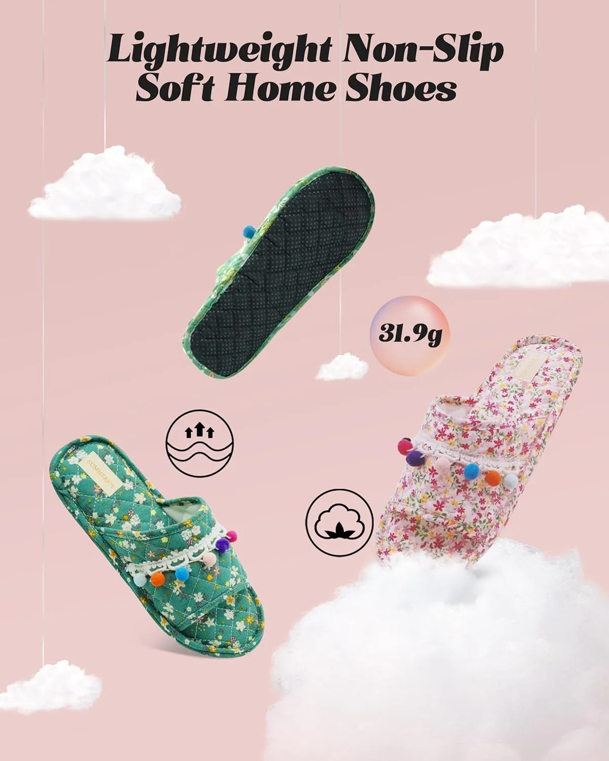 Women's Floral Open Toe Summer Spa Slippers, Lightweight, Comfortable, Portable, Multi-Use