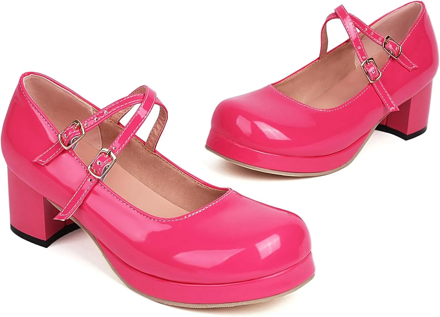 Womens Lolita Shoes Patent Leather Mary Jane Platform Chunky Heeled Pumps Cross-Strap Cosplay Shoes