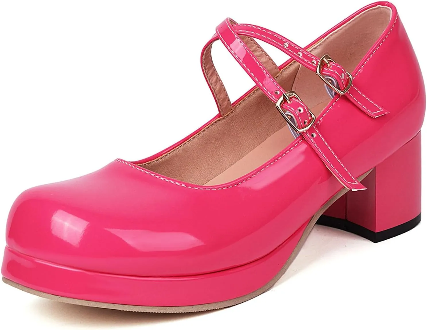 Womens Lolita Shoes Patent Leather Mary Jane Platform Chunky Heeled Pumps Cross-Strap Cosplay Shoes