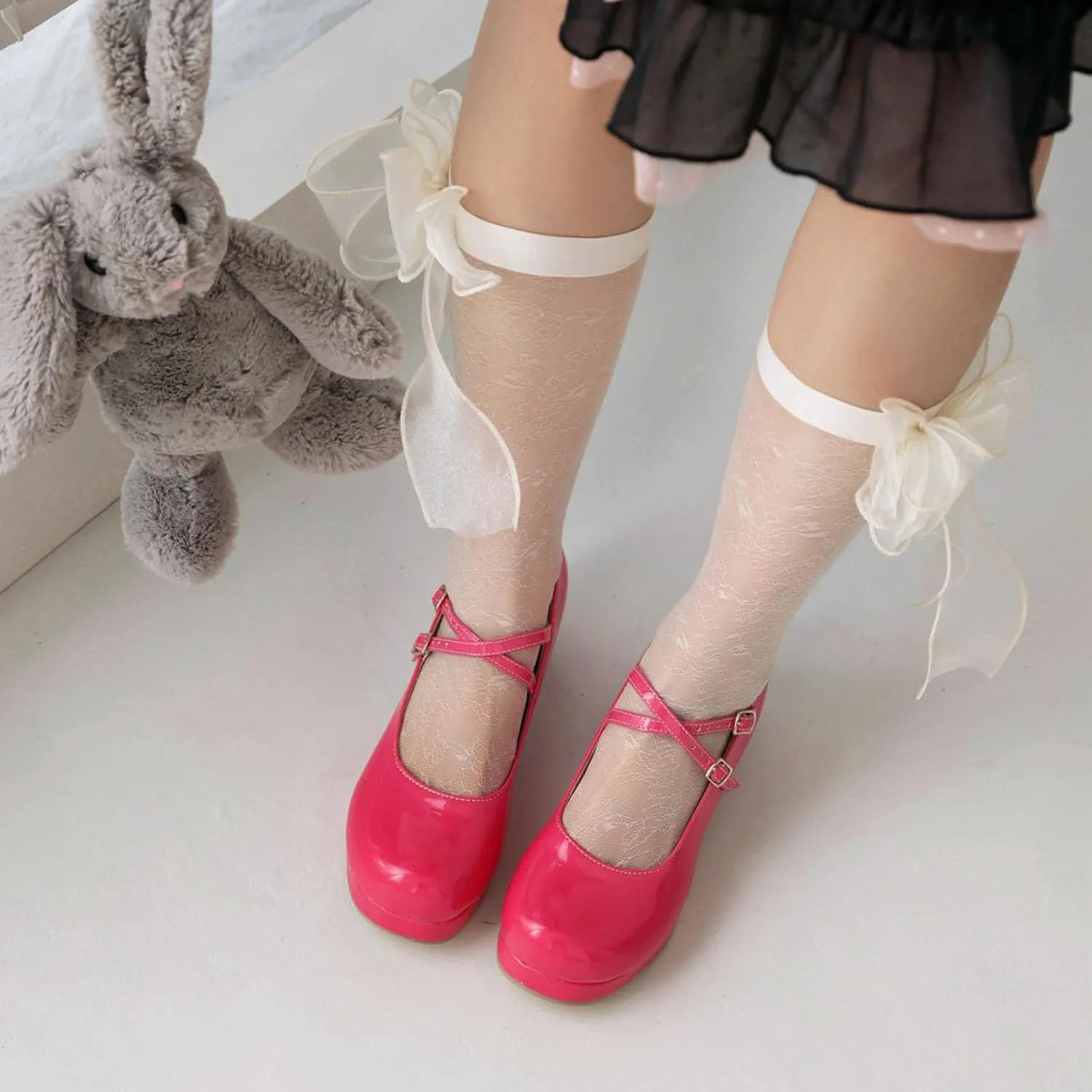 Womens Lolita Shoes Patent Leather Mary Jane Platform Chunky Heeled Pumps Cross-Strap Cosplay Shoes