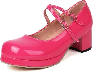 Womens Lolita Shoes Patent Leather Mary Jane Platform Chunky Heeled Pumps Cross-Strap Cosplay Shoes
