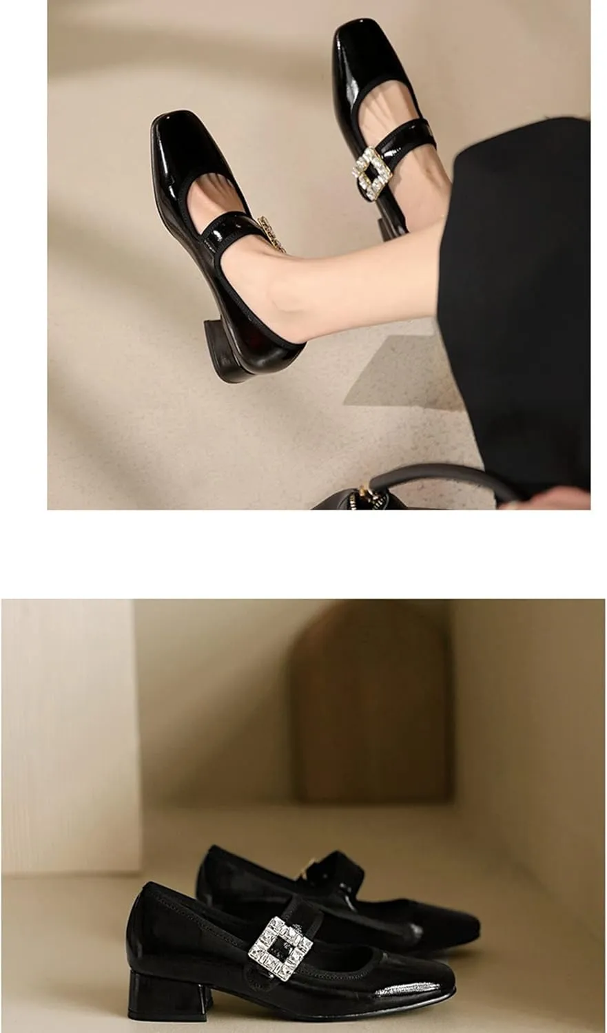 Women's Single Shoe Retro Rhinestone Square Toe Low Heels 2022 Spring New Flats Large Size Women's PU Patent Leather Chunky Heel Shoes 40/43