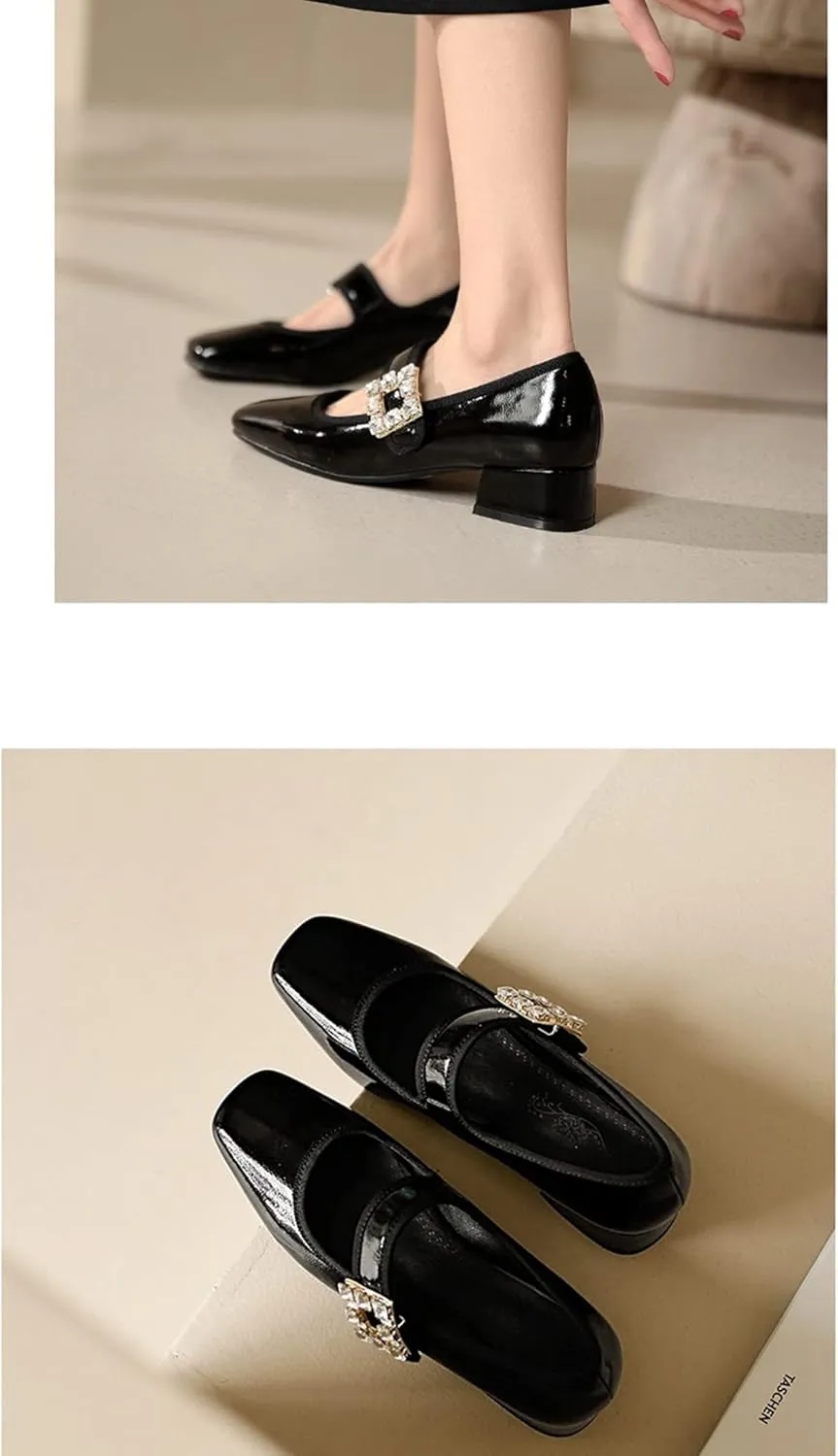 Women's Single Shoe Retro Rhinestone Square Toe Low Heels 2022 Spring New Flats Large Size Women's PU Patent Leather Chunky Heel Shoes 40/43
