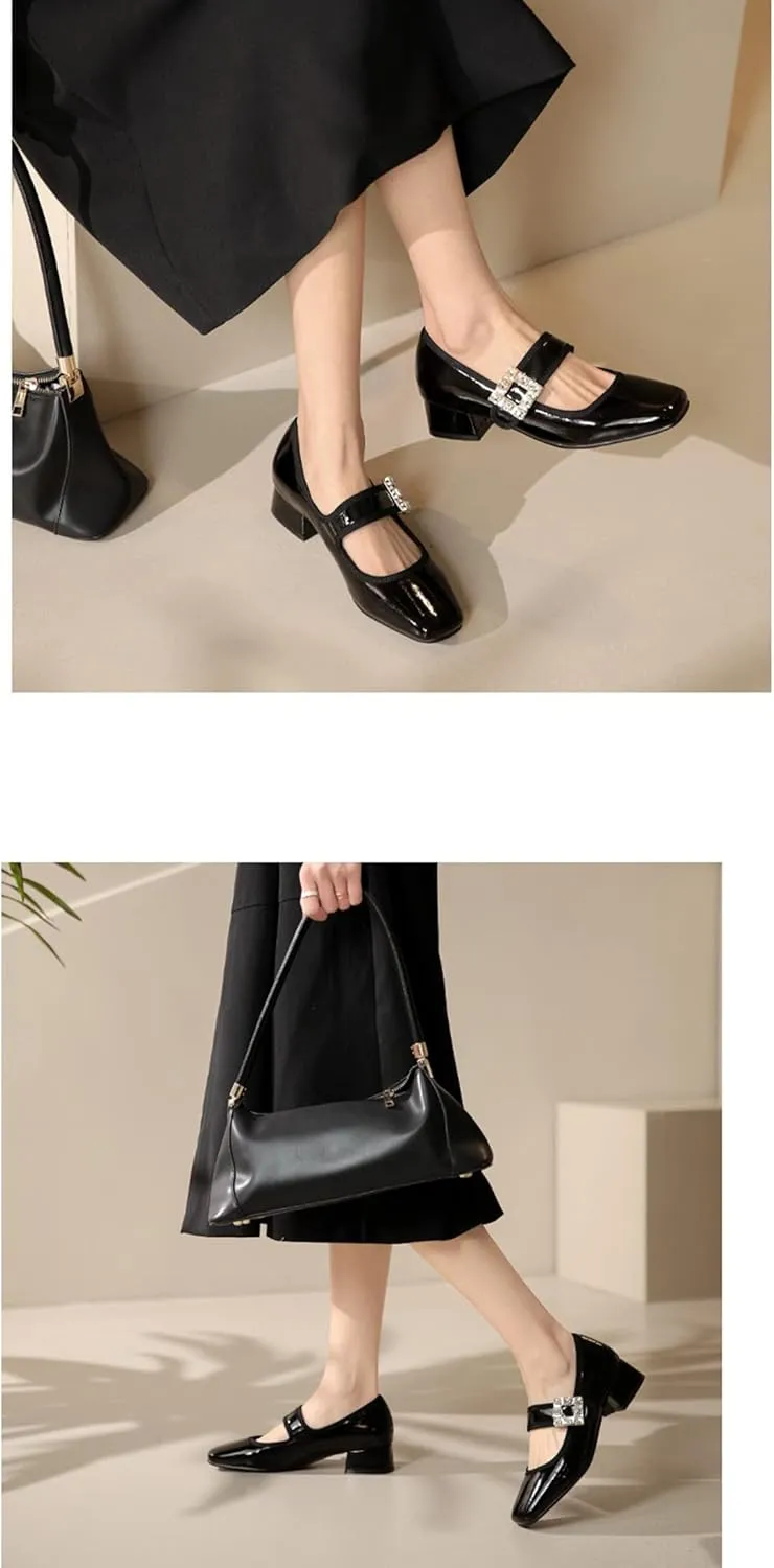 Women's Single Shoe Retro Rhinestone Square Toe Low Heels 2022 Spring New Flats Large Size Women's PU Patent Leather Chunky Heel Shoes 40/43