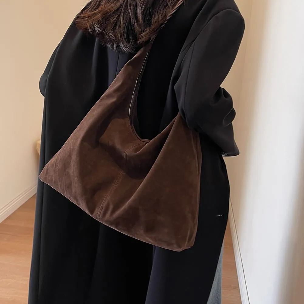 Womens Suede Tote Bag Brown Suede Hobo Bag Handbag Suede Purse Retro Suede Crescent Shoulder Slouchy Bag