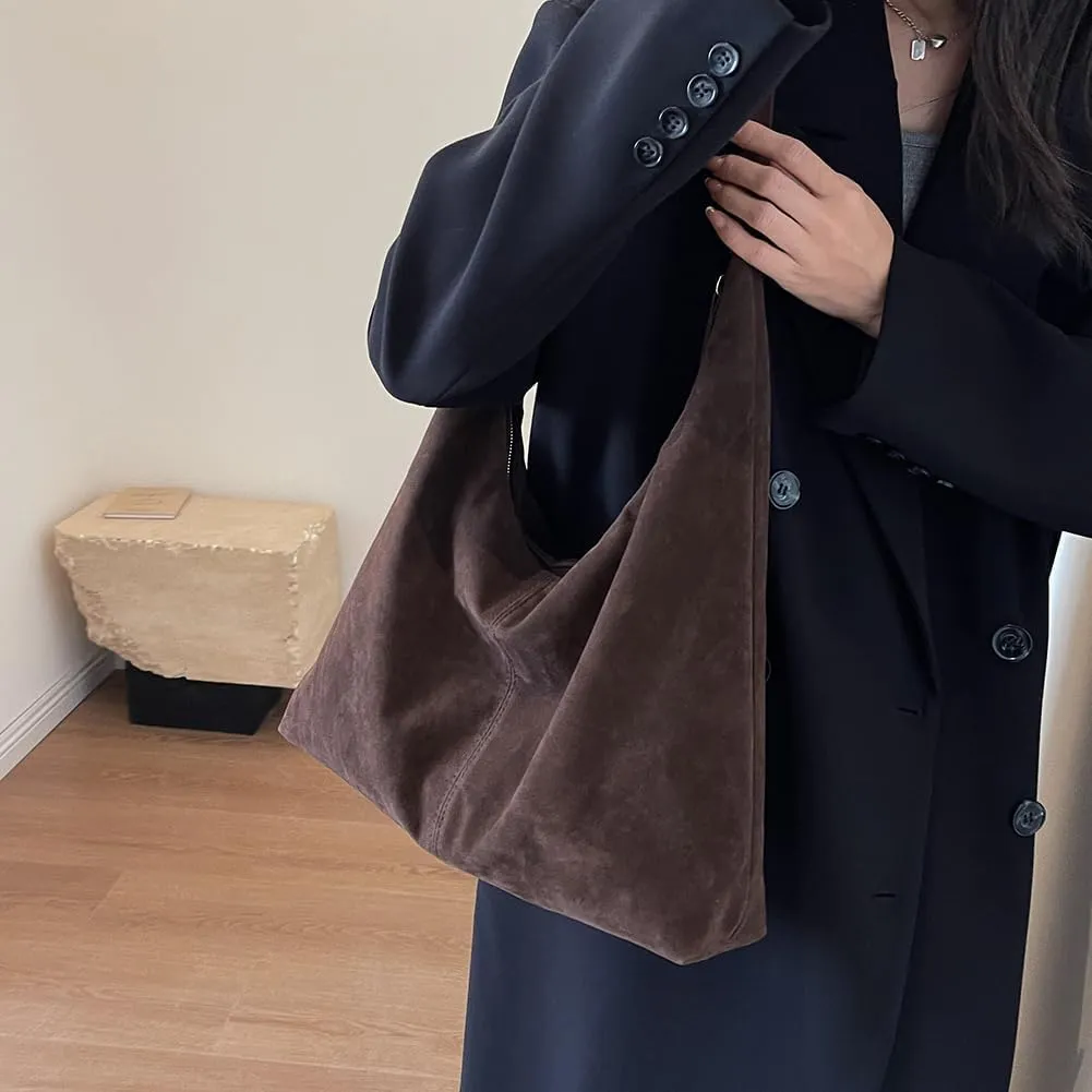 Womens Suede Tote Bag Brown Suede Hobo Bag Handbag Suede Purse Retro Suede Crescent Shoulder Slouchy Bag