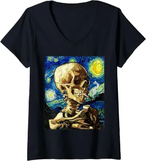 Womens Van Gogh Skeleton Starry Night Aesthetic Streetwear Women V-Neck T-Shirt