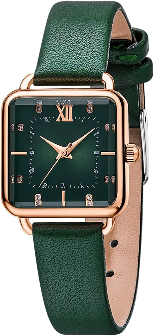 Women's Watches with Stainless Steel Square Round Dial Quartz Watch with Satin Genuine Leather Strap Elegant Minimalist Waterproof