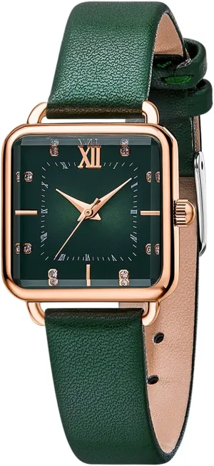 Women's Watches with Stainless Steel Square Round Dial Quartz Watch with Satin Genuine Leather Strap Elegant Minimalist Waterproof