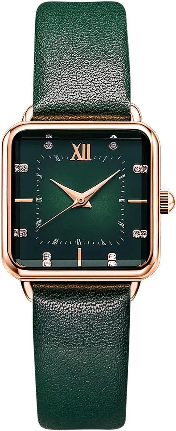 Women's Watches with Stainless Steel Square Round Dial Quartz Watch with Satin Genuine Leather Strap Elegant Minimalist Waterproof