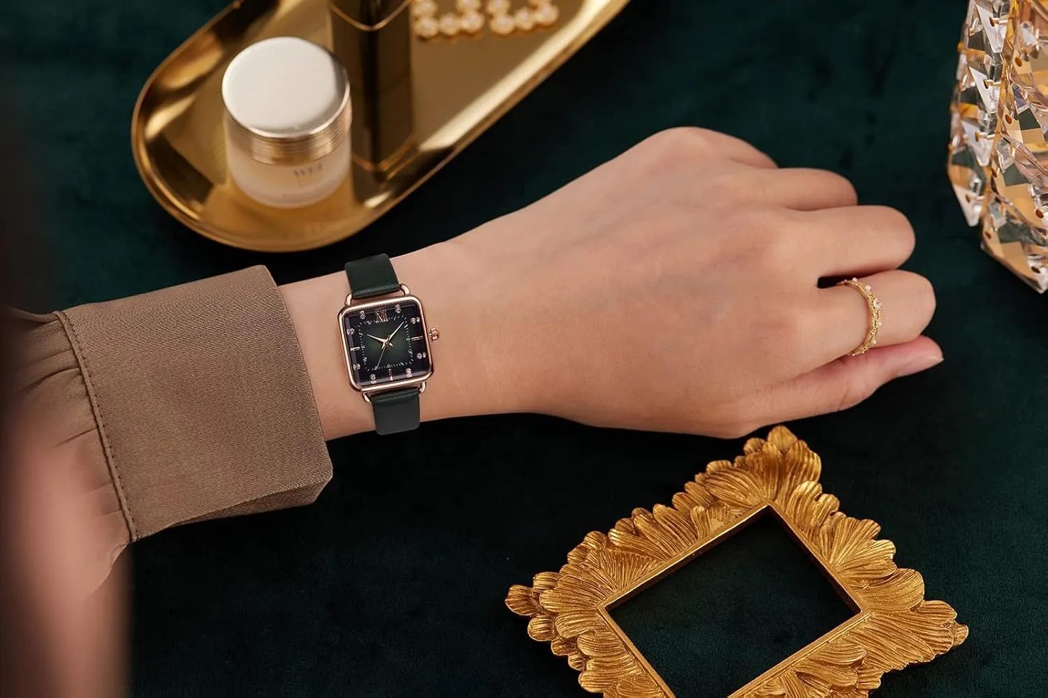 Women's Watches with Stainless Steel Square Round Dial Quartz Watch with Satin Genuine Leather Strap Elegant Minimalist Waterproof