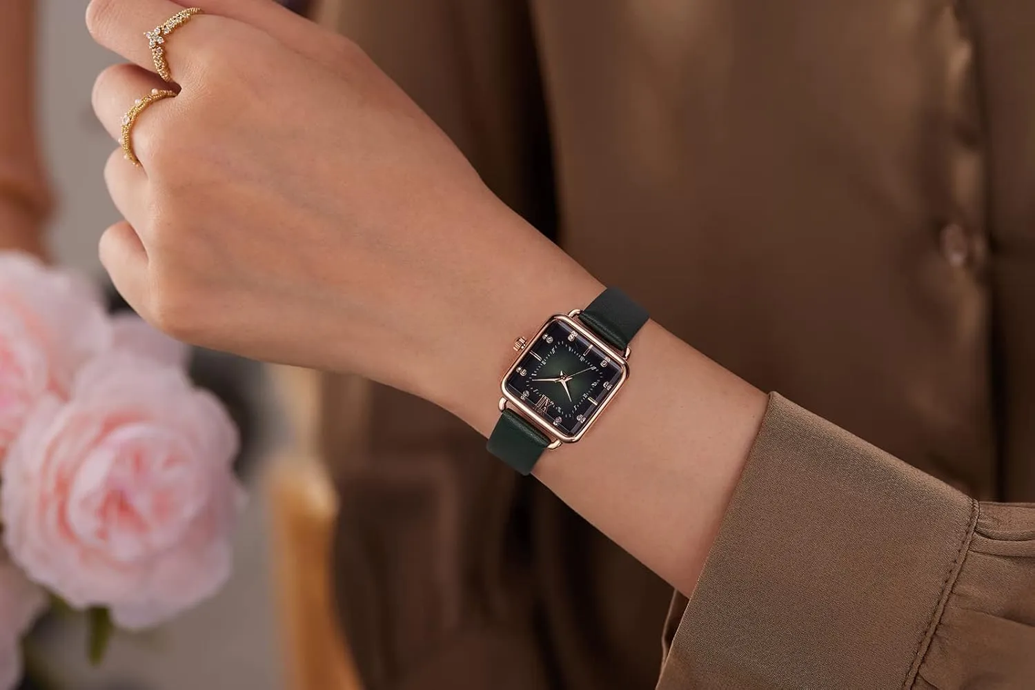 Women's Watches with Stainless Steel Square Round Dial Quartz Watch with Satin Genuine Leather Strap Elegant Minimalist Waterproof