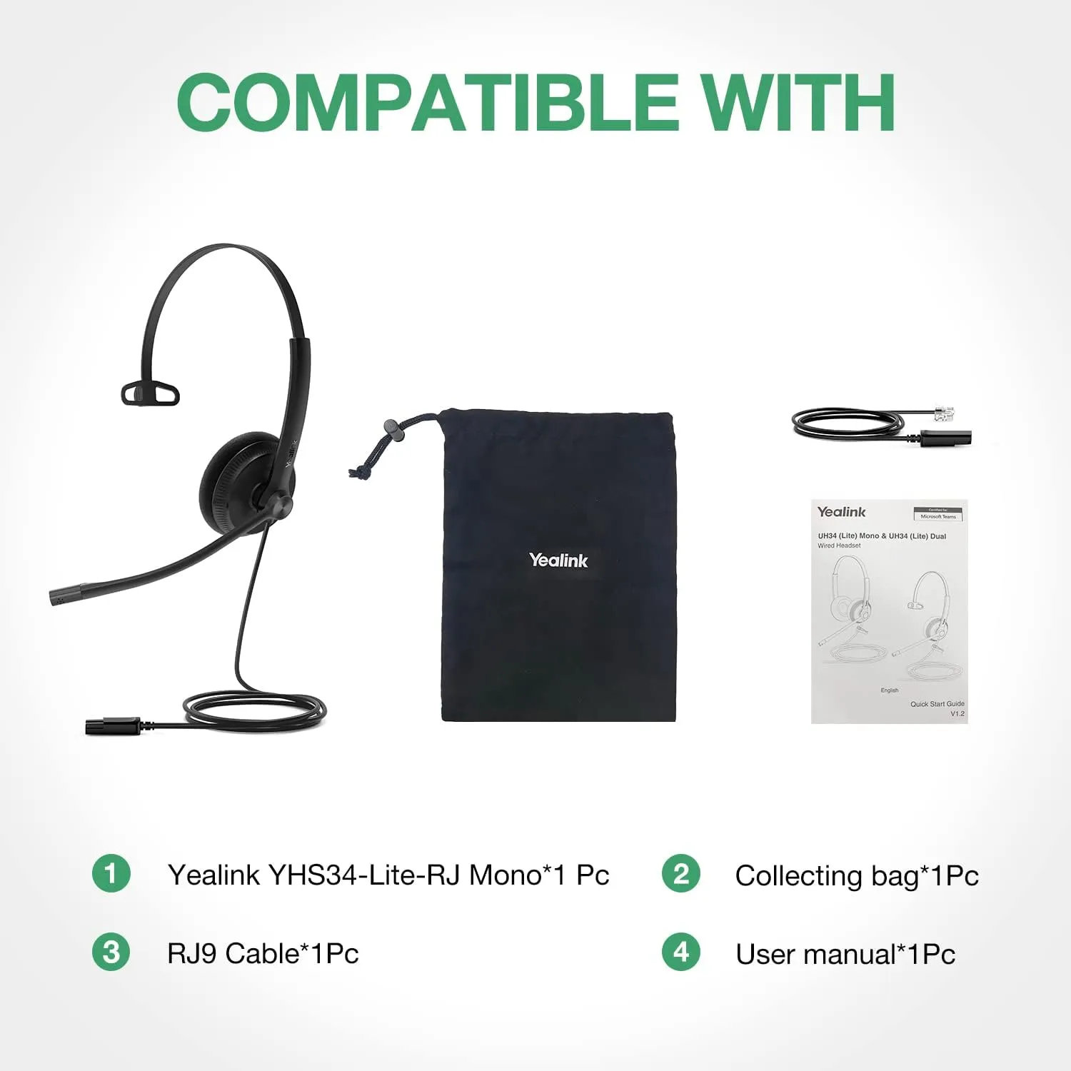 Yealink Phone Headsets for Office Phones YHS34 Lite QD to RJ9 Wired Headset Compatible with Poly Snom Grandstream Phones Desk Landline Headset with Microphone -Mono/72g/2.1m Cable