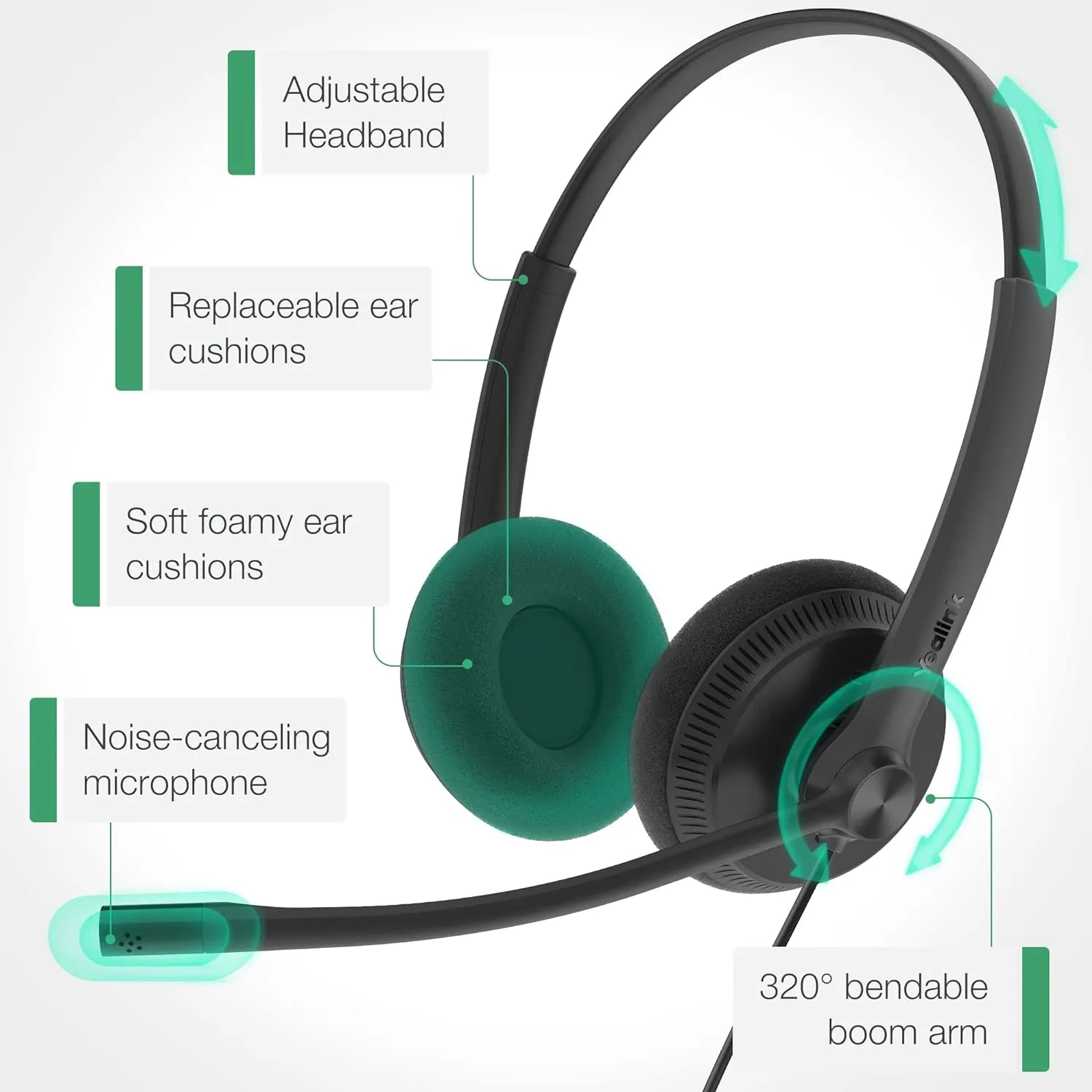 Yealink Phone Headsets for Office Phones YHS34 Lite QD to RJ9 Wired Headset for Yealink Compatible with Poly Snom Grandstream Phones Desk Landline Headset with Microphone -Dual/111g/2.1m Cable