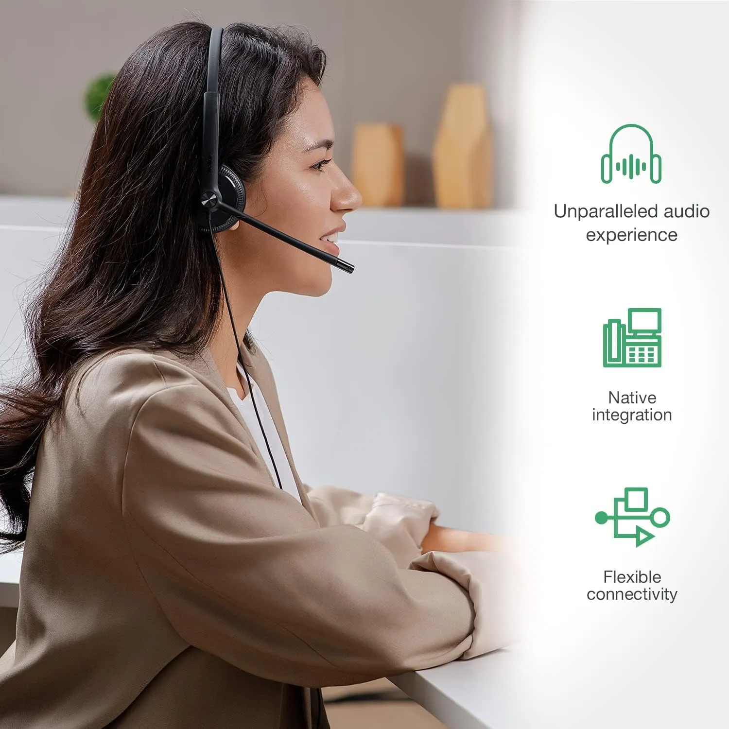 Yealink Phone Headsets for Office Phones YHS34 Lite QD to RJ9 Wired Headset for Yealink Compatible with Poly Snom Grandstream Phones Desk Landline Headset with Microphone -Dual/111g/2.1m Cable