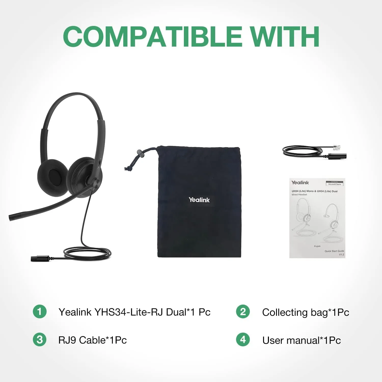 Yealink Phone Headsets for Office Phones YHS34 Lite QD to RJ9 Wired Headset for Yealink Compatible with Poly Snom Grandstream Phones Desk Landline Headset with Microphone -Dual/111g/2.1m Cable