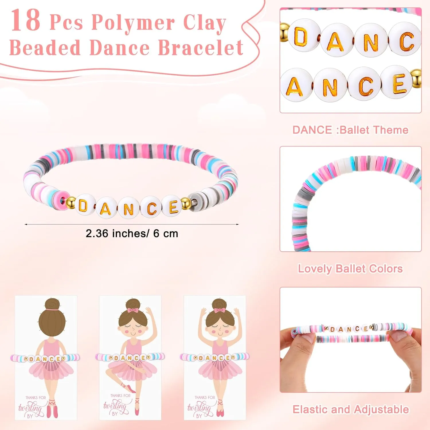 Yinkin 18 Sets Ballet Party Favors for Girls Include Polymer Clay Beaded Dance Bracelet Thank you card and gift bags Ballet Birthday Gifts Ballerina Gifts for Dance Party